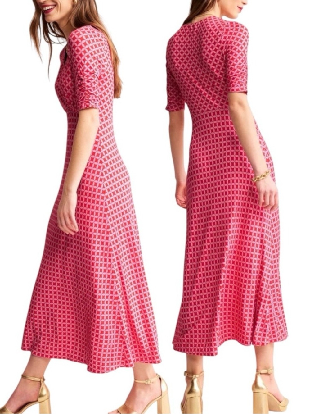 Boden Red-Pink Geometric V-Neck Midi Dress - Picture 2 of 6